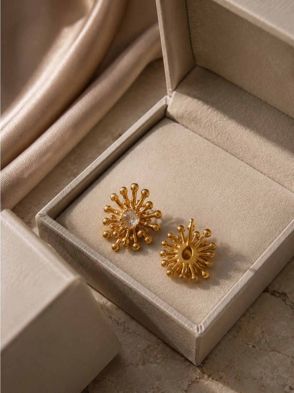 Vogue Gold tone Sunburst Cluster Stud Earrings with Clear Stone - Picture 4 of 7